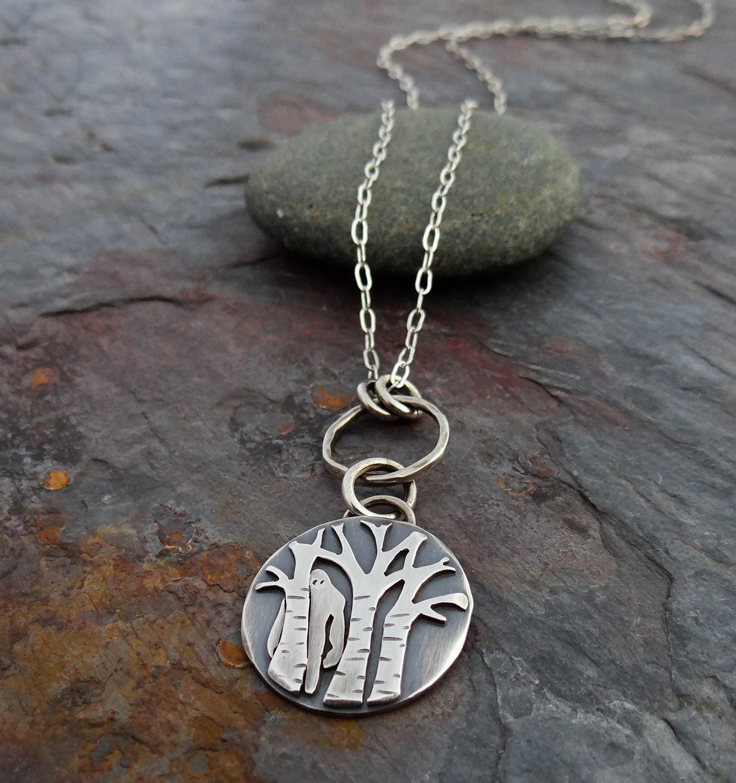 Forest Guardian || sasquatch peeking out from the trees || hand forged sterling silver bigfoot pendant (5204)