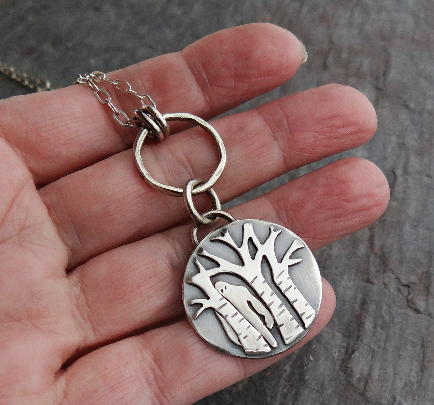 Forest Guardian || sasquatch peeking out from the trees || hand forged sterling silver bigfoot pendant (5204)