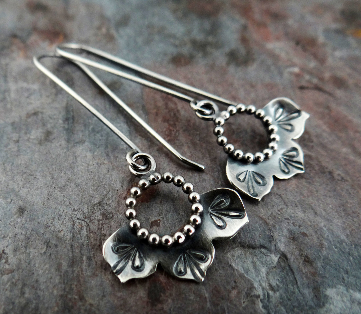 Long Stemmed Flower Dangle Earrings || oxidized metalsmith earrings (6955)