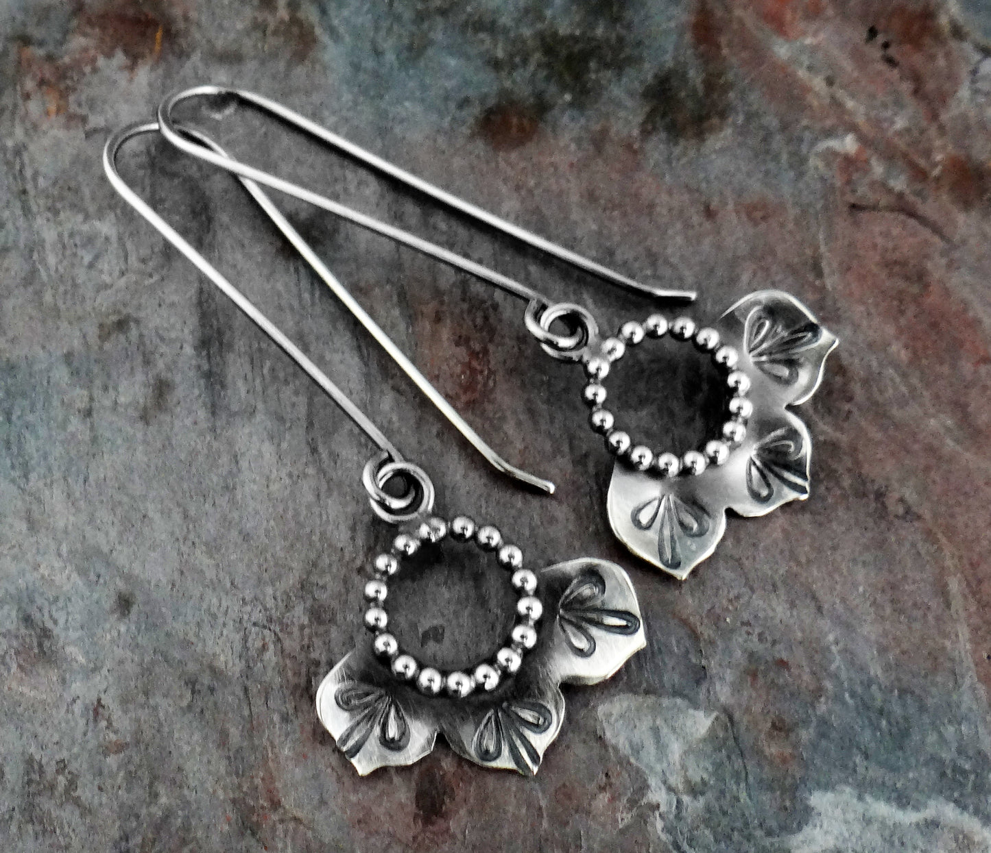 Long Stemmed Flower Dangle Earrings || oxidized metalsmith earrings (6955)