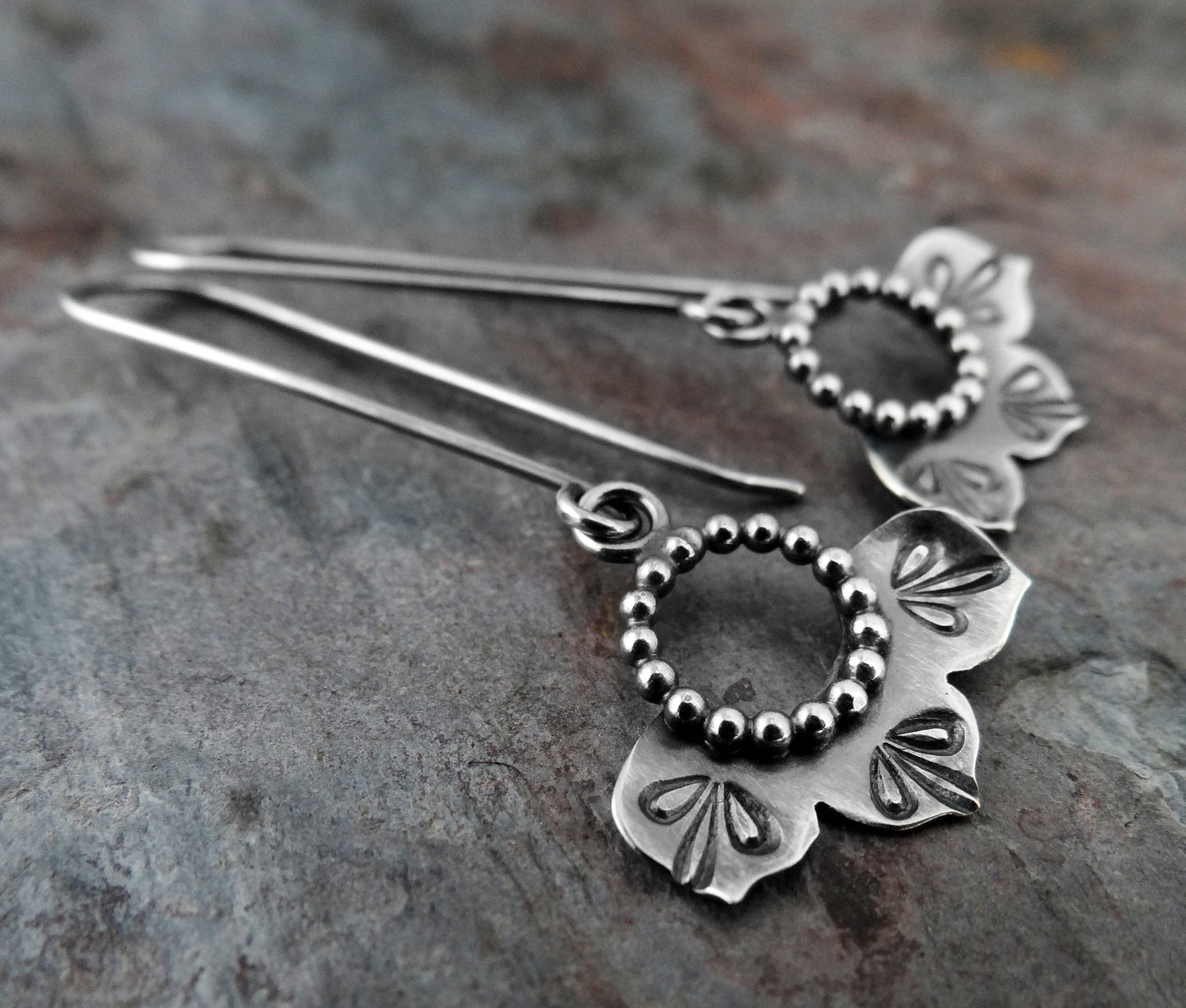 Long Stemmed Flower Dangle Earrings || oxidized metalsmith earrings (6955)