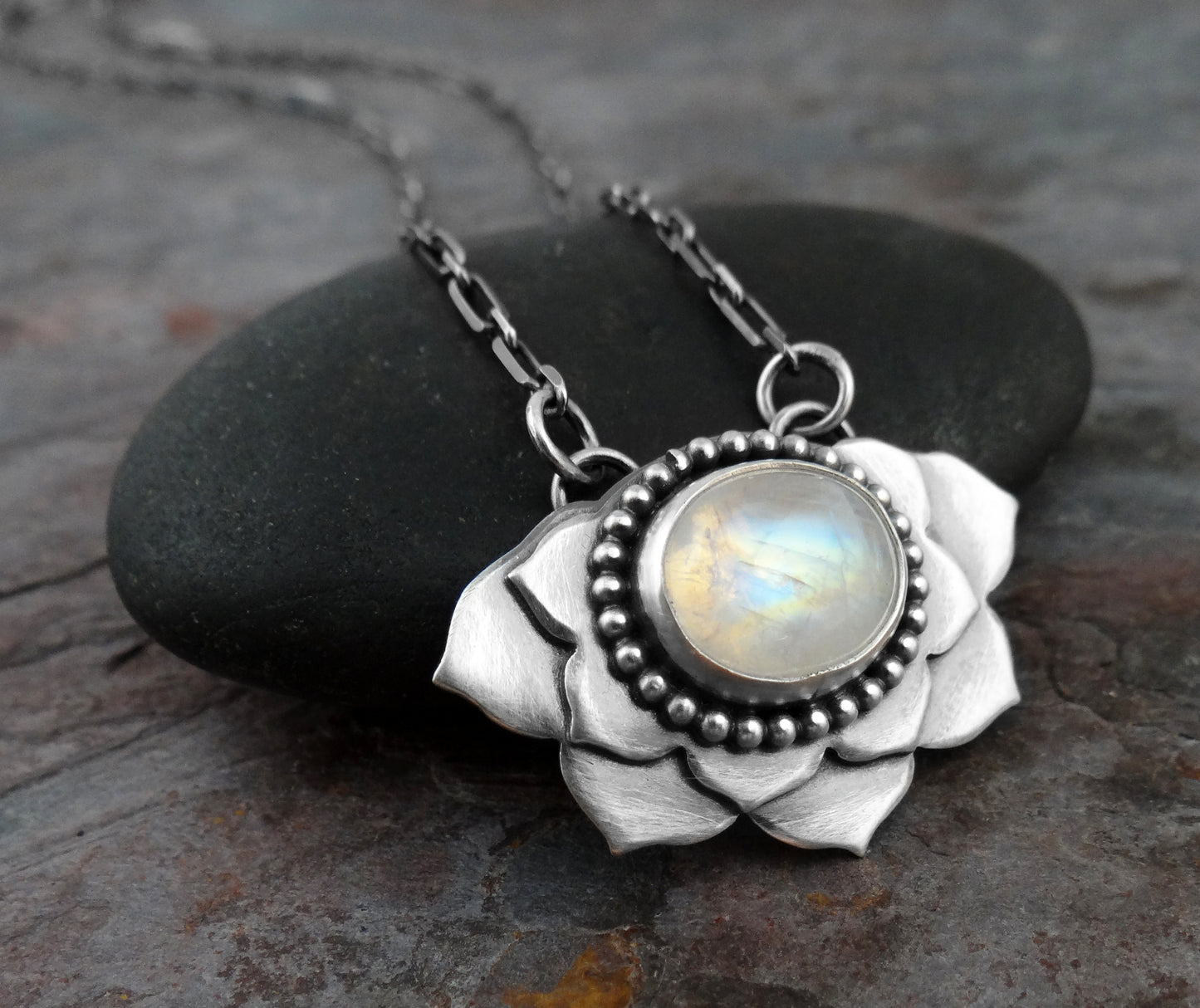 Moonstone Lotus Necklace || metalsmith flower and moonstone gemstone (6981)