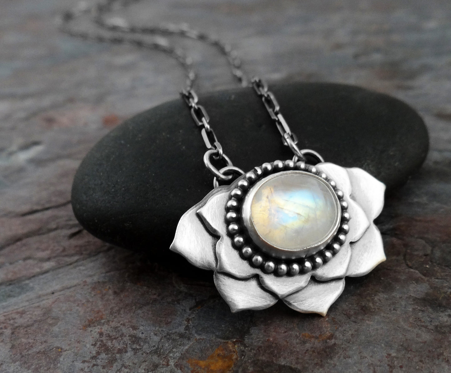 Moonstone Lotus Necklace || metalsmith flower and moonstone gemstone (6981)
