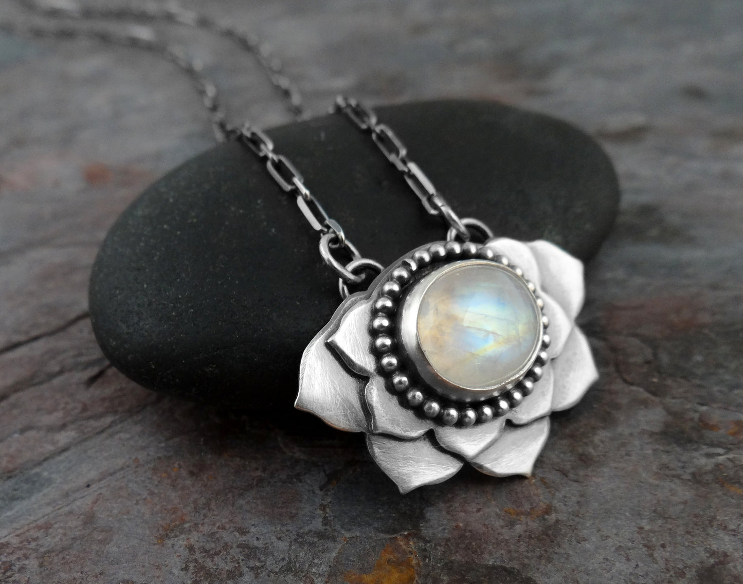 Moonstone Lotus Necklace || metalsmith flower and moonstone gemstone (6981)