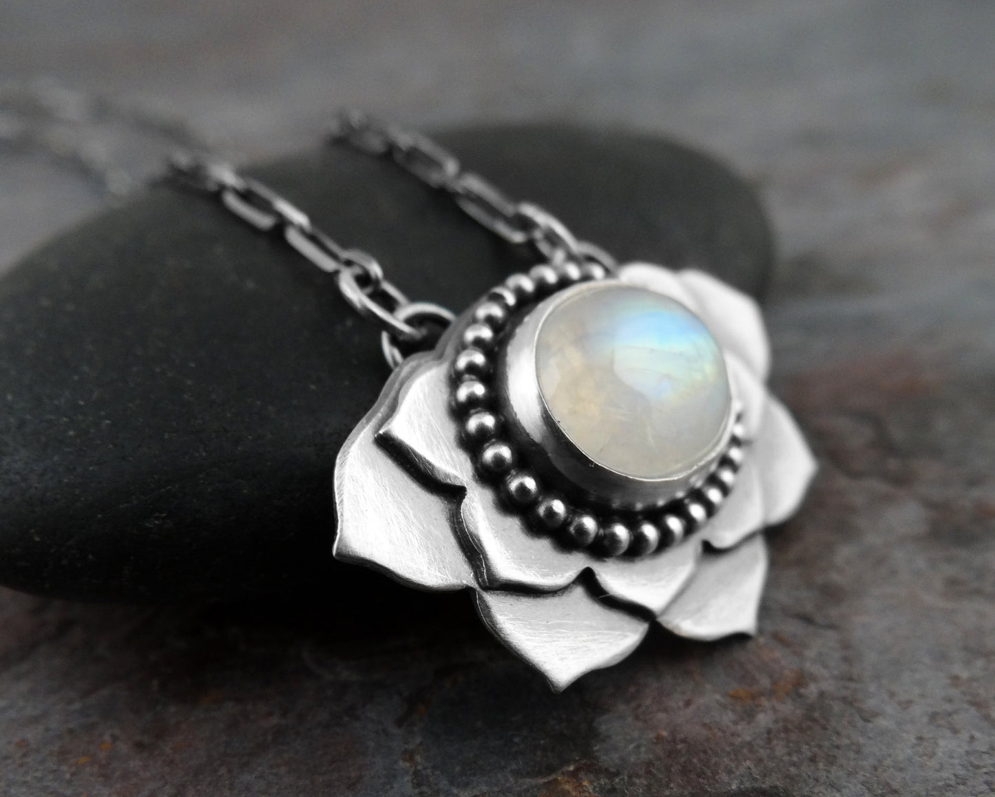 Moonstone Lotus Necklace || metalsmith flower and moonstone gemstone (6981)