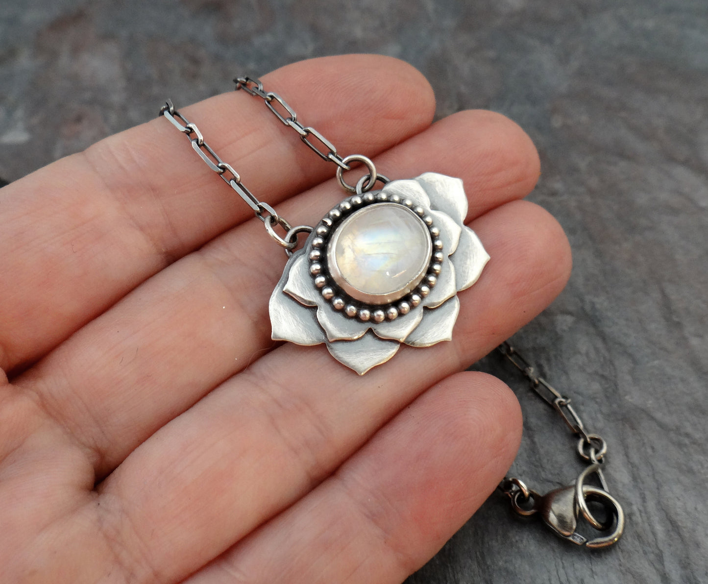 Moonstone Lotus Necklace || metalsmith flower and moonstone gemstone (6981)