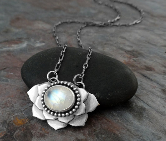 Moonstone Lotus Necklace || metalsmith flower and moonstone gemstone (6981)