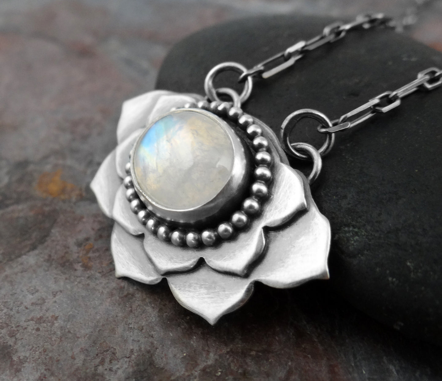 Moonstone Lotus Necklace || metalsmith flower and moonstone gemstone (6981)