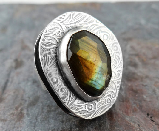 Chunky Labradorite Statement Ring || textured, organic shape gemstone ring (7050)