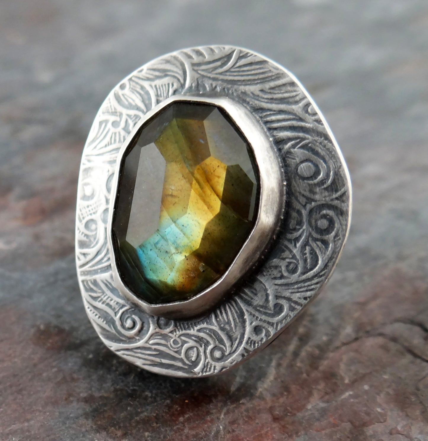 Chunky Labradorite Statement Ring || textured, organic shape gemstone ring (7050)