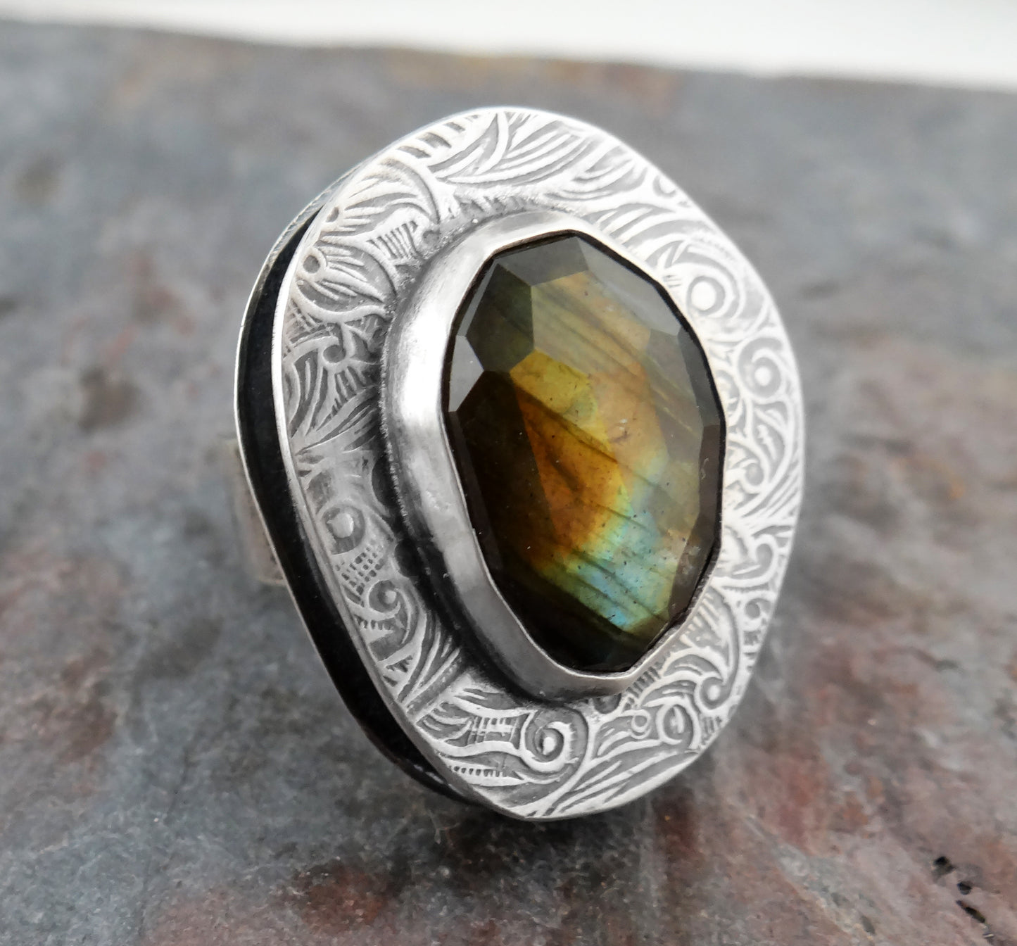 Chunky Labradorite Statement Ring || textured, organic shape gemstone ring (7050)