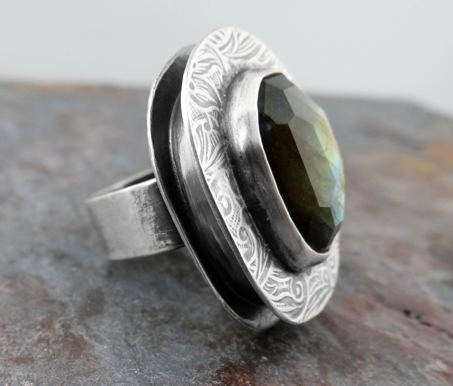 Chunky Labradorite Statement Ring || textured, organic shape gemstone ring (7050)