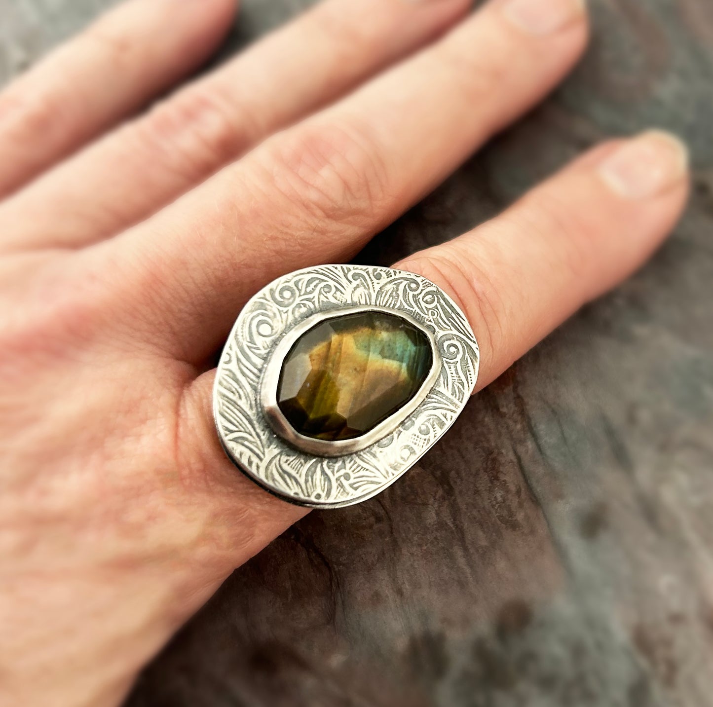 Chunky Labradorite Statement Ring || textured, organic shape gemstone ring (7050)